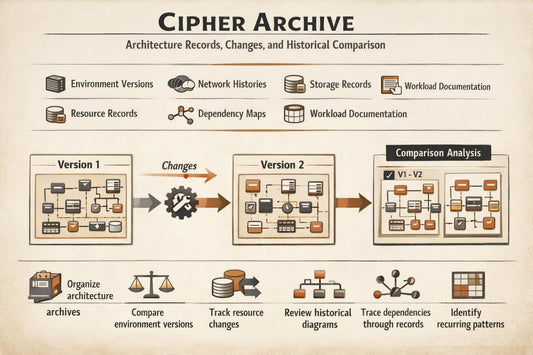 An infographic titled 'CIPHER ARCHIVE' on a beige parchment-like background, showing diagrams of software architecture records and changes between versions, with icons and labels for environment versions, network histories, storage records, and workload documentation.