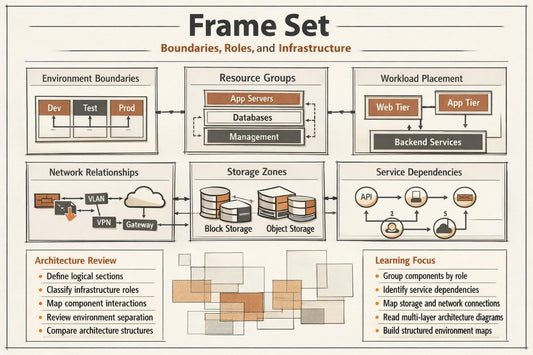 An educational infographic titled 'Frame Set: Boundaries, Roles, and Infrastructure' displaying various diagram boxes such as 'Environment Boundaries', 'Resource Groups', 'Network Relationships', 'Storage Zones', and 'Service Dependencies' with connecting arrows on a beige background.
