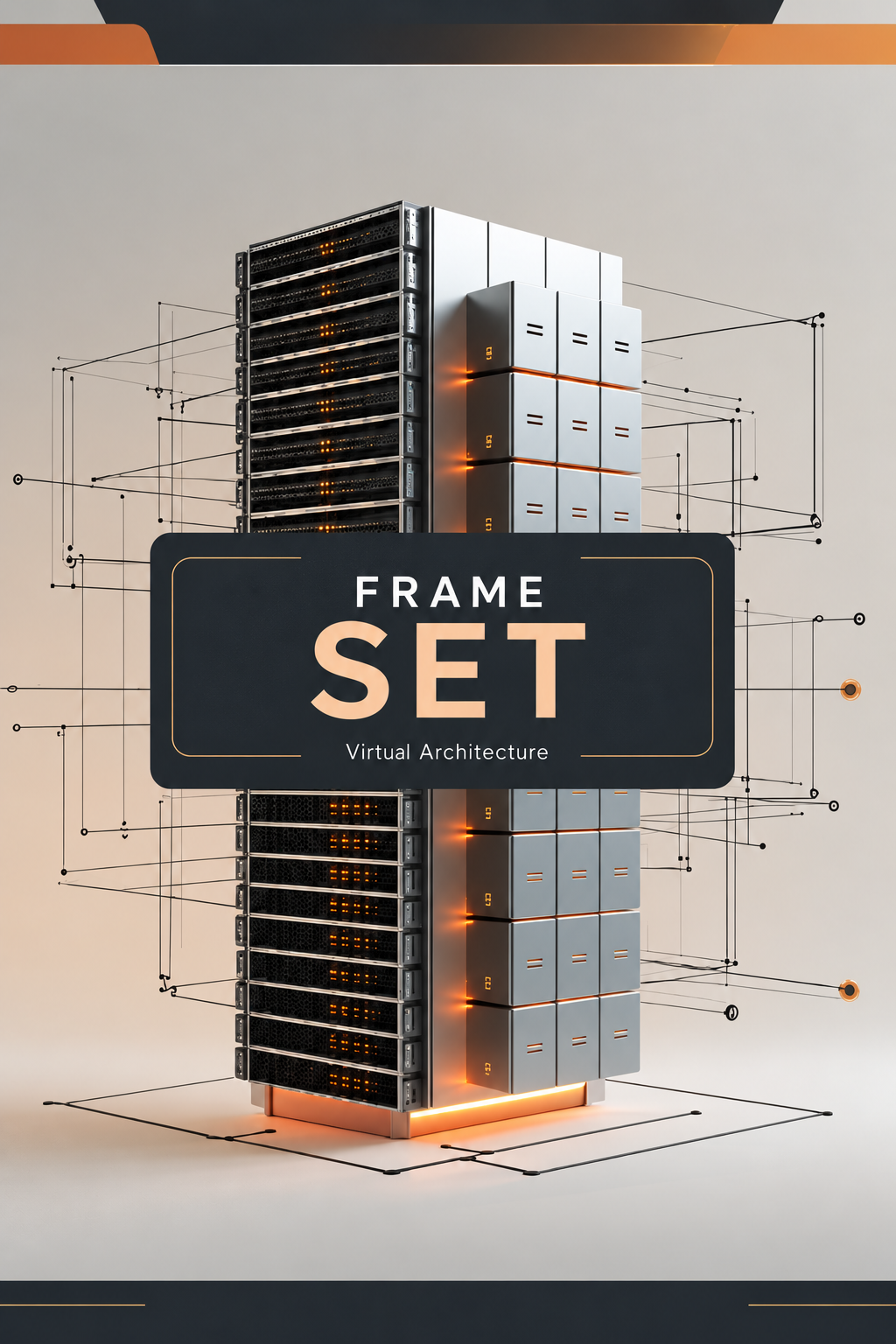 A digital cover graphic for a product titled 'FRAME SET Virtual Architecture', featuring a stylized 3D server rack with glowing orange accents and geometric wireframe lines on a light beige background.