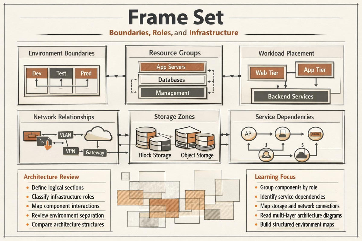 An educational infographic titled 'Frame Set: Boundaries, Roles, and Infrastructure' displaying various diagram boxes such as 'Environment Boundaries', 'Resource Groups', 'Network Relationships', 'Storage Zones', and 'Service Dependencies' with connecting arrows on a beige background.