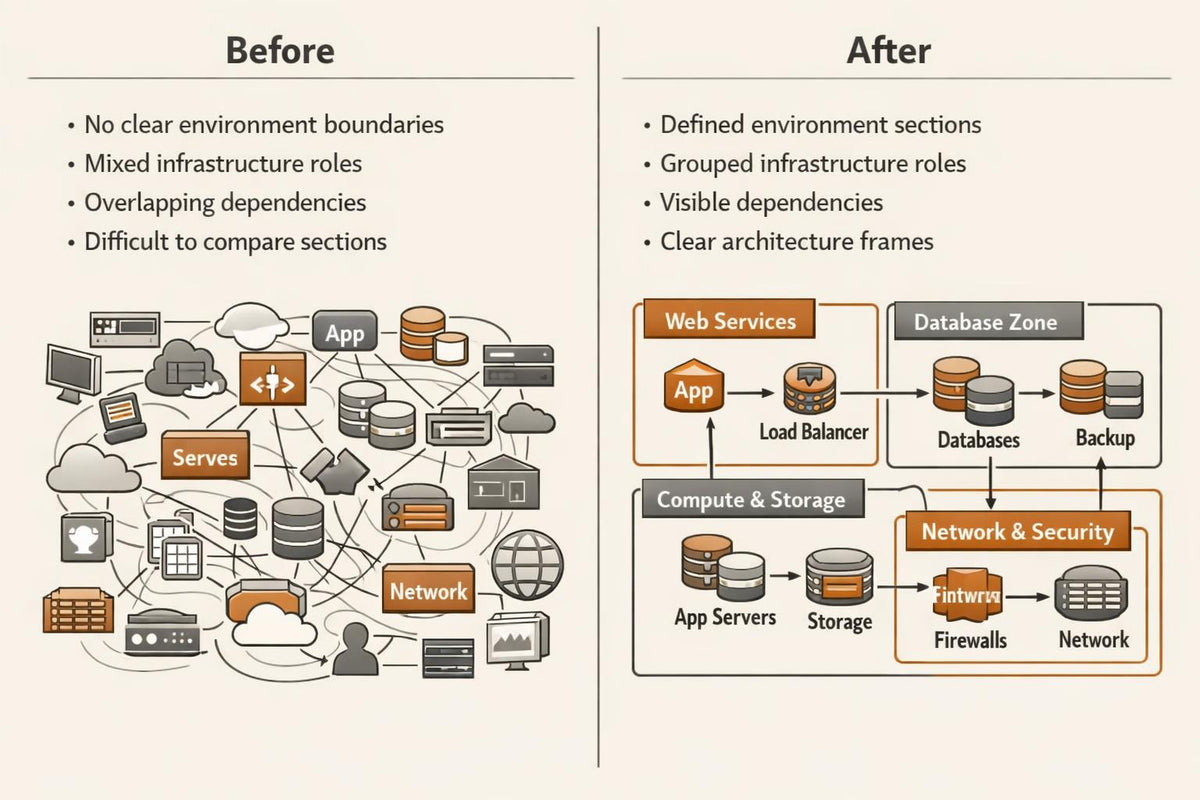 A side-by-side infographic comparing a messy 'Before' infrastructure diagram with a cleaner 'After' architecture diagram. The left 'Before' section shows a tangled web of servers, databases, and apps with no defined boundaries.