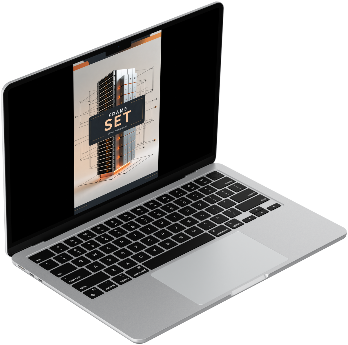 A silver laptop computer shown at an angle on a plain white background, with its screen turned on and displaying a presentation slide titled 'PEAK TEMPLATE'.