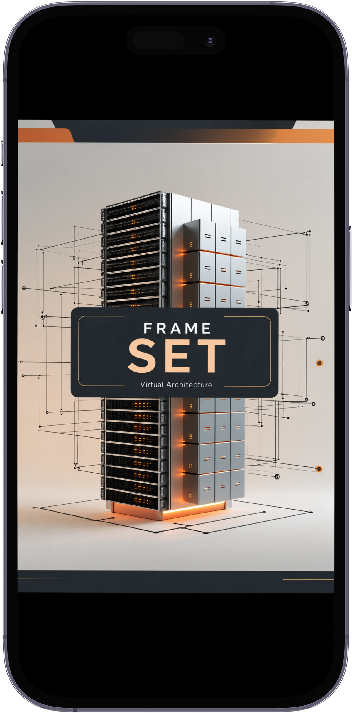 A smartphone mockup displaying a digital cover or app interface for a virtual architecture asset pack titled 'FRAME SET Virtual Architecture'. The screen shows a 3D render of a server rack with glowing orange accents and technical wireframe overlays on a light beige background.