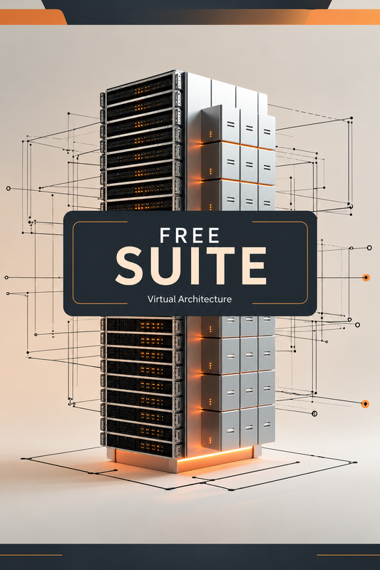 Promotional graphic for a virtual architecture software suite, featuring a stylized 3D server rack with glowing orange accents and a central dark badge reading 'FREE SUITE Virtual Architecture'.
