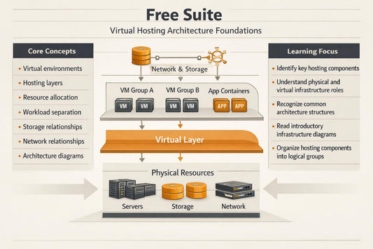 An infographic titled 'Free Suite' explaining 'Virtual Hosting Architecture Foundations' with a central diagram showing network and storage, VM groups, app containers, a virtual layer, and physical servers and storage.