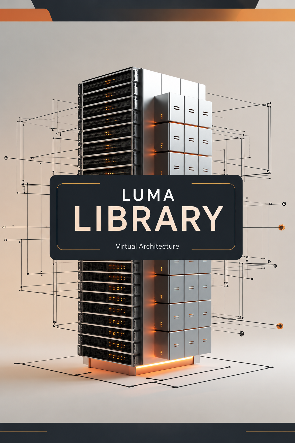 A digital cover graphic for 'LUMA LIBRARY Virtual Architecture' featuring a stylized 3D server rack and storage cabinet structure with glowing orange accents on a light beige background.