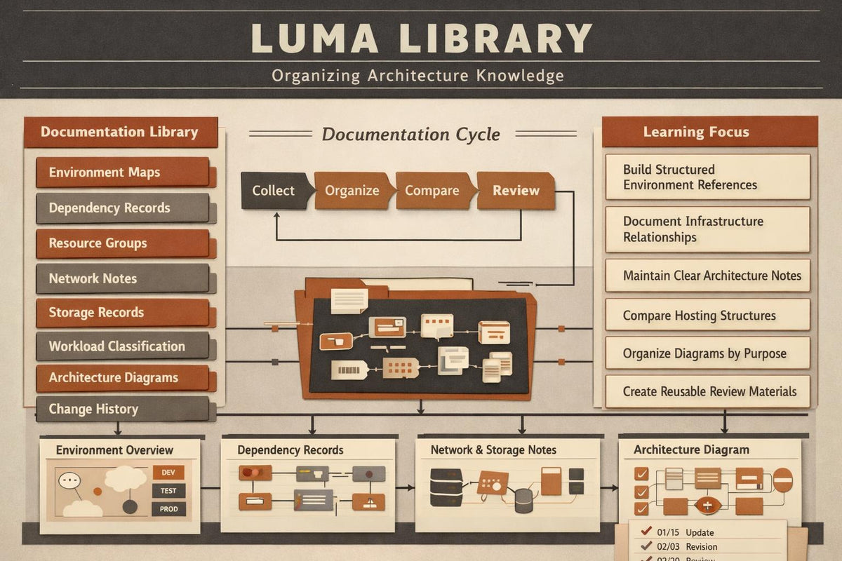 An infographic poster titled 'LUMA LIBRARY' with the subtitle 'Organizing Architecture Knowledge,' showing a documentation cycle diagram, categorized lists on the left and right, and small icons along the bottom on a dark beige background.
