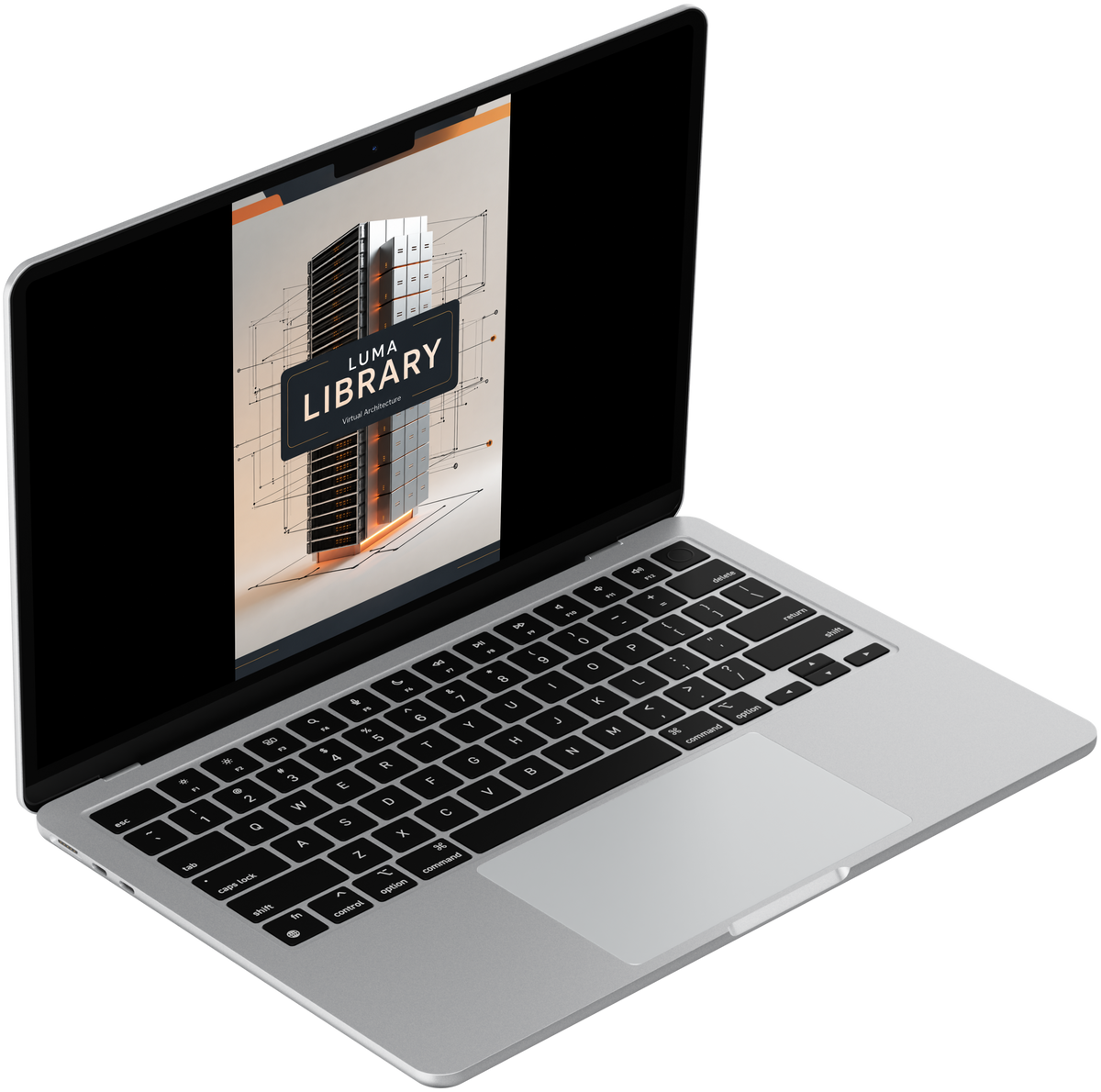 A silver laptop with a black keyboard and trackpad, shown at an angle on a plain white background. The screen displays a book cover titled 'LUMA LIBRARY'.