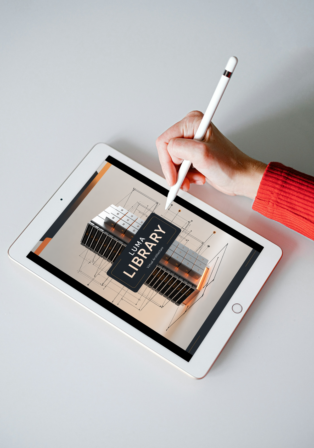 A hand holding a white stylus over a tablet screen displaying a 3D architectural model template labeled 'FUTURE TEMPLATE'. The hand is wearing a red ribbed sweater, and the tablet is placed on a light gray surface against a neutral gray background.