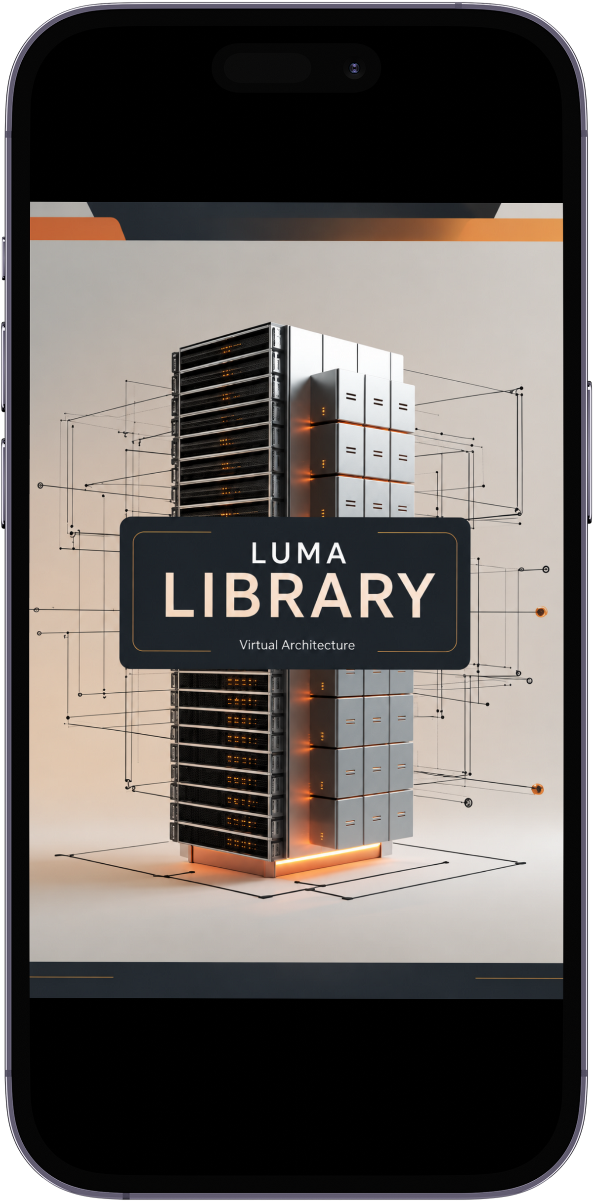 A smartphone mockup displaying a digital cover for 'LUMA LIBRARY Virtual Architecture' featuring a futuristic server tower graphic on a light beige background.