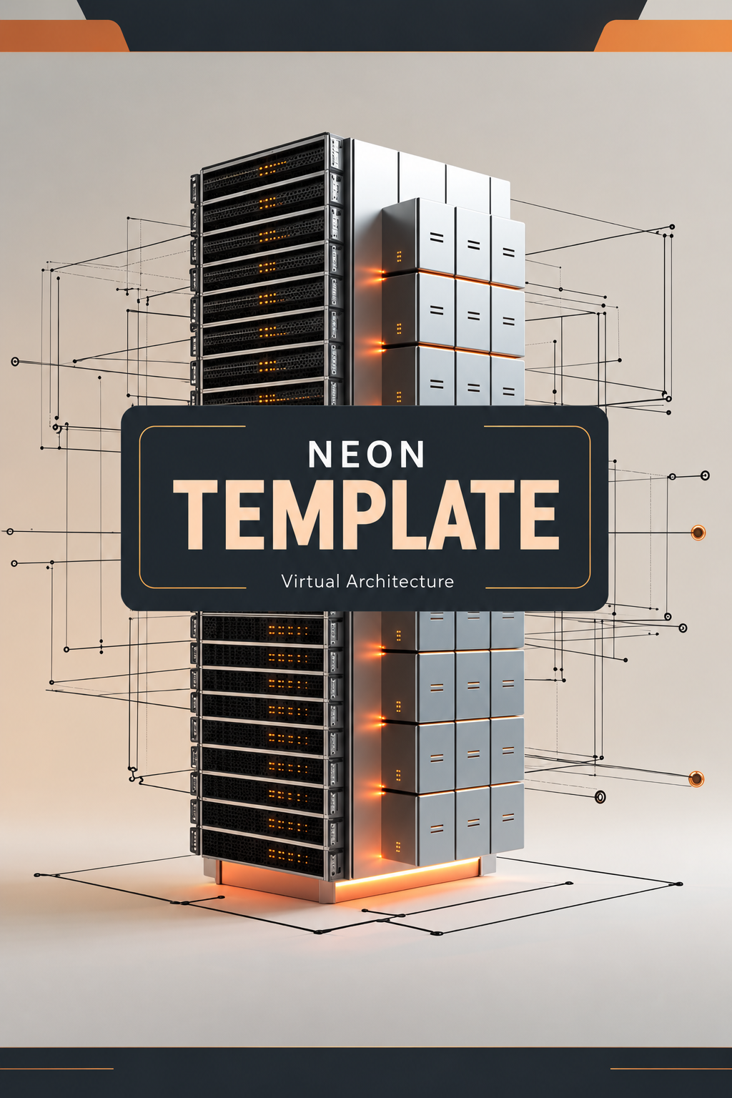 A digital graphic template featuring a stylized 3D server rack with glowing orange accents, overlaid with a central black label reading 'NEON TEMPLATE' and 'Virtual Architecture'. The background is a light beige gradient with abstract technical line drawings and a dark border at the top and bottom.