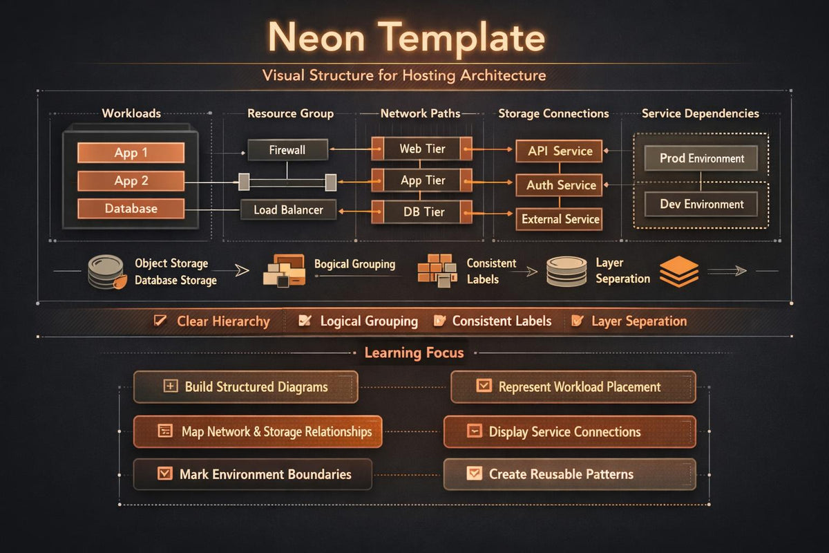 A digital infographic titled 'Neon Template' displaying a visual structure for hosting architecture, with labeled sections for workloads, resource groups, network paths, storage connections, and service dependencies on a dark background.