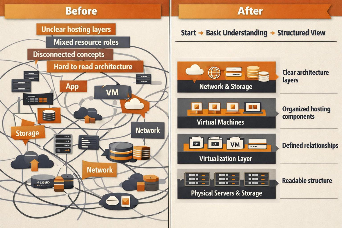 A before-and-after infographic comparing a messy, cluttered tech architecture diagram on the left labeled 'Before' with a clean, organized structured diagram on the right labeled 'After'. The left side features a dense web of lines, icons for app, VM, network, and storage, and text like 'Unclear hosting layers' and 'Hard to read architecture'.