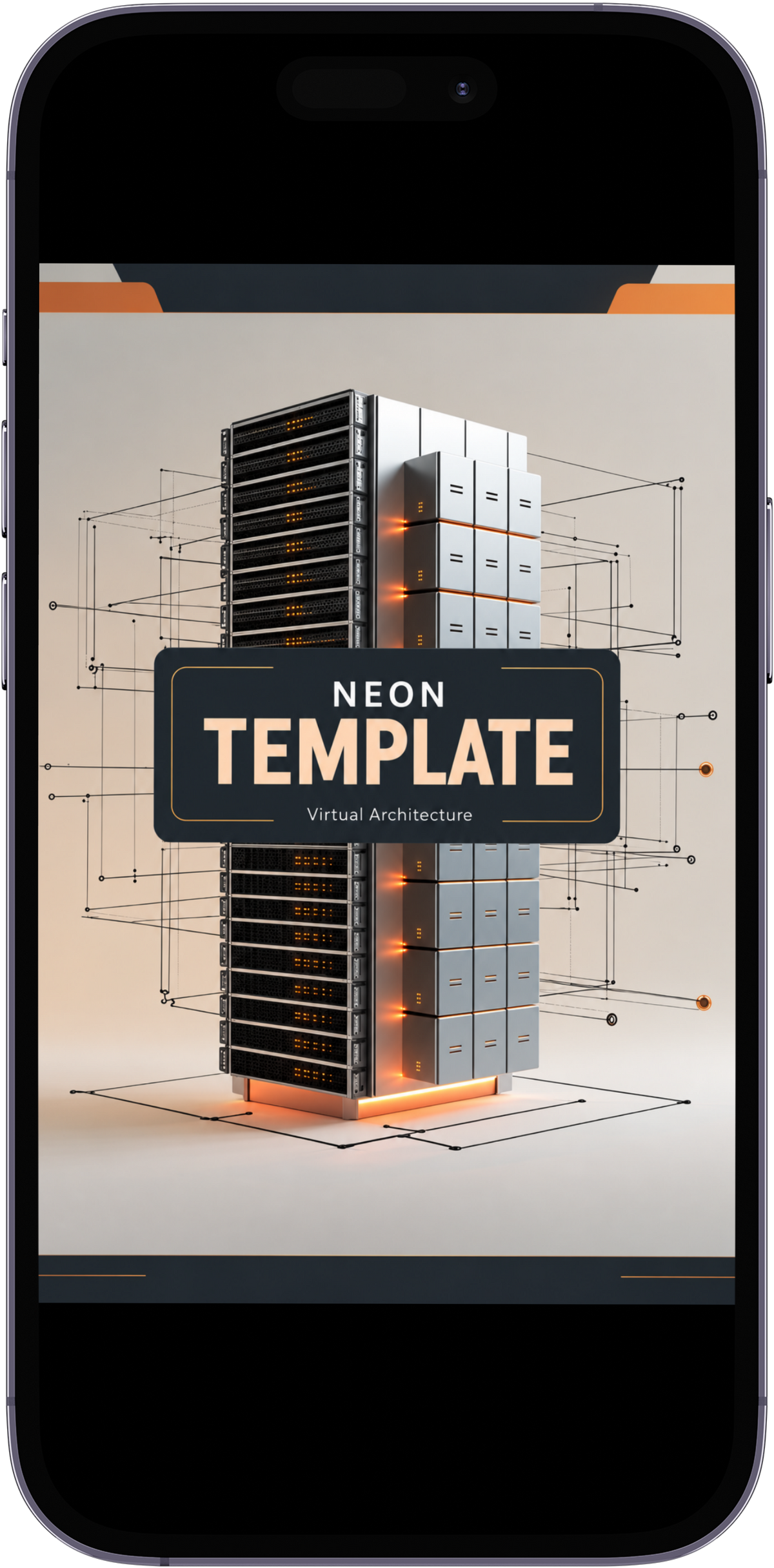 A black smartphone mockup displaying a digital template preview with a 3D server-like graphic and the text 'NEON TEMPLATE Virtual Architecture' on a light background.