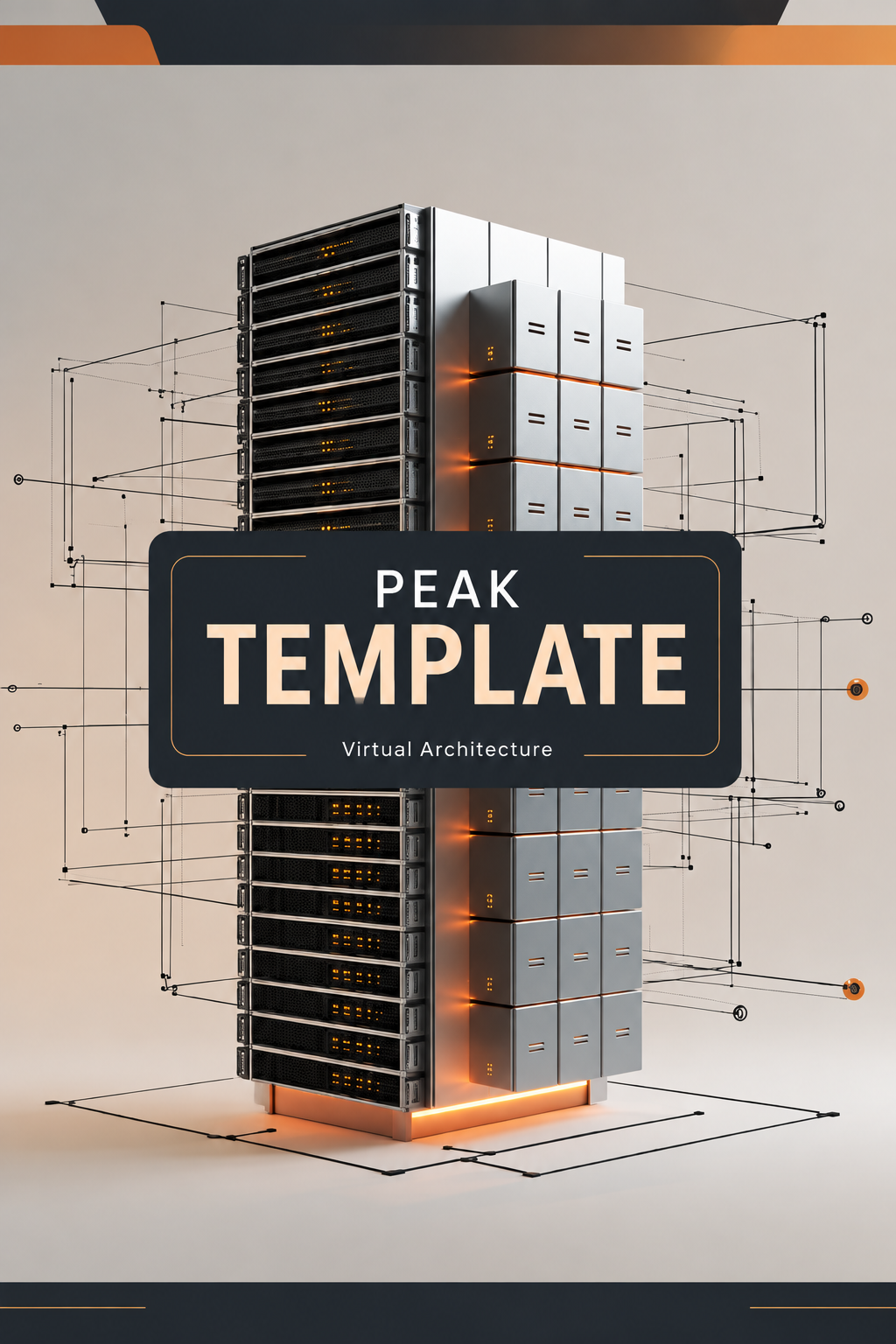 A digital cover graphic for a 'Peak Template' virtual architecture asset, featuring a stylized 3D server rack with glowing orange accents and a central black label overlay.