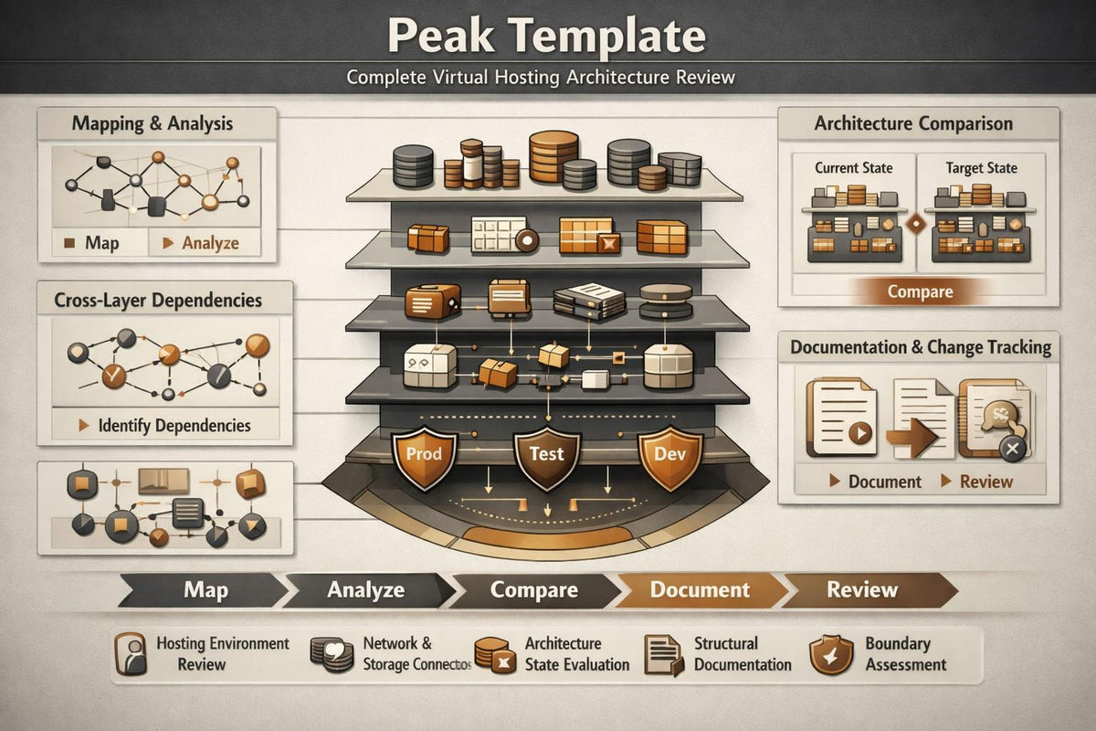 A digital infographic titled 'Peak Template' presenting a virtual hosting architecture review process. The diagram features a central multi-tier server rack with icons representing databases, web servers, and security devices.