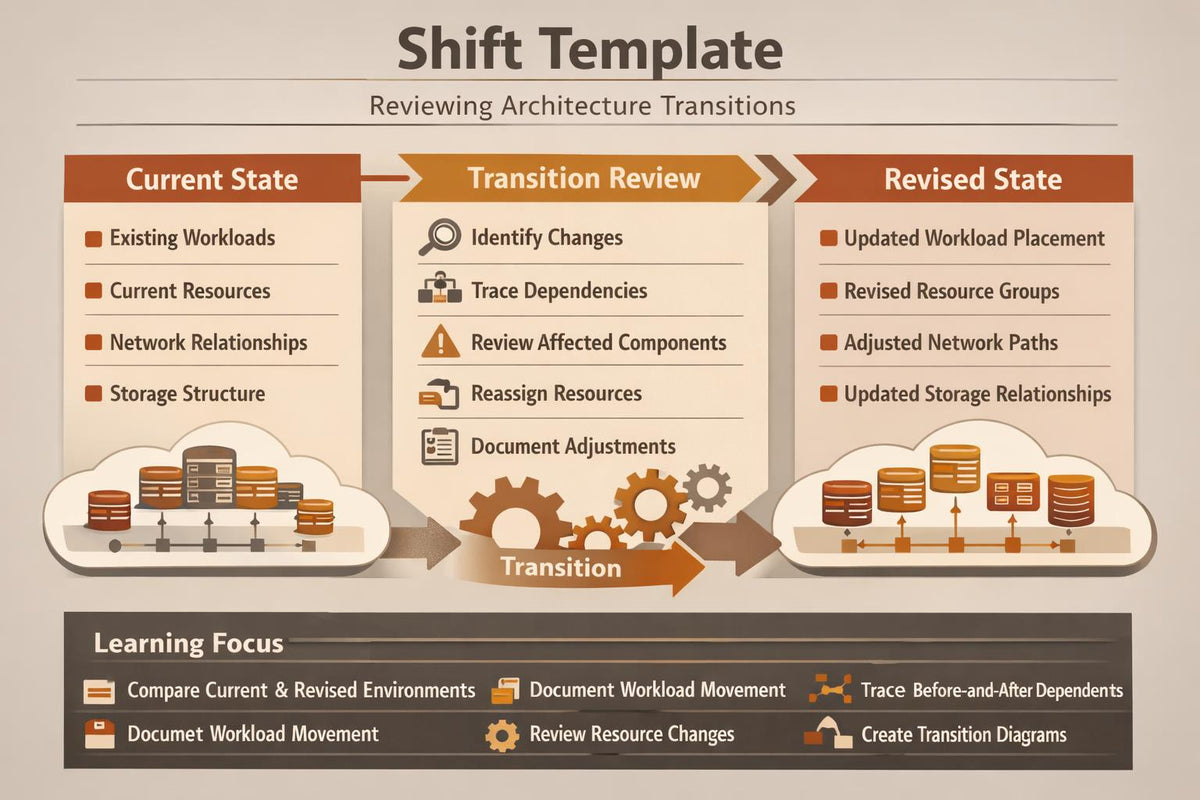 An infographic titled 'Shift Template' showing a 'Reviewing Architecture Transitions' process with 'Current State', 'Transition Review', and 'Revised State' sections, plus icons and small diagrams illustrating database and server elements.