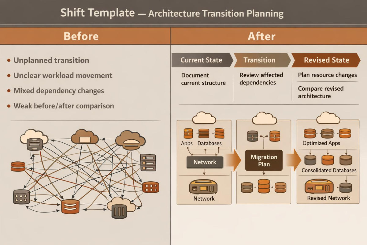 A presentation slide titled 'Shift Template — Architecture Transition Planning' comparing 'Before' and 'After' states of system migration, with bullet points and a network dependency diagram on a beige background.