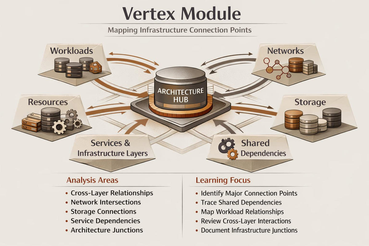 An infographic titled 'Vertex Module' showing a central 'Architecture Hub' connected to labeled sections for Workloads, Networks, Storage, Services & Infrastructure Layers, Resources, and Shared Dependencies, with text boxes below for analysis areas and learning focus.