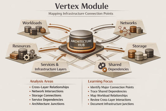 An infographic titled 'Vertex Module' showing a central 'Architecture Hub' connected to labeled sections for Workloads, Networks, Storage, Services & Infrastructure Layers, Resources, and Shared Dependencies, with text boxes below for analysis areas and learning focus.