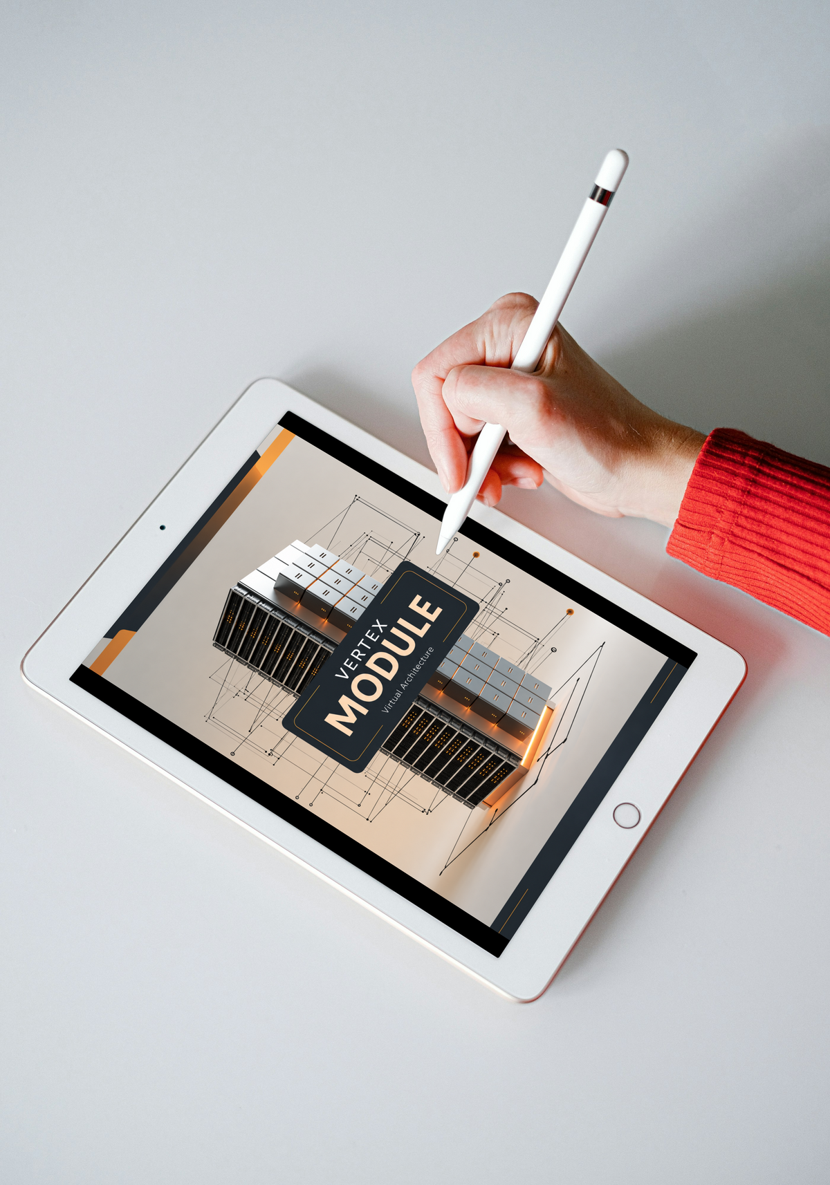 A hand holding a white stylus over a tablet screen displaying a 3D architectural model template labeled 'FUTURE TEMPLATE'. The hand is wearing a red ribbed sweater, and the tablet is placed on a light gray surface against a neutral gray background.