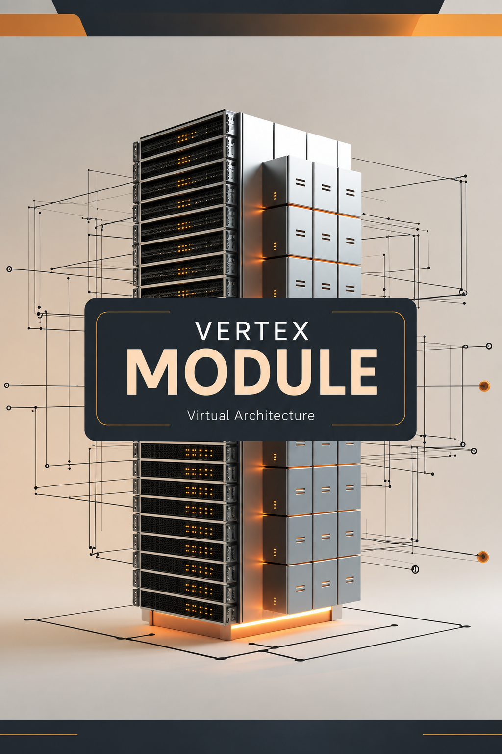 A digital graphic featuring a stylized server rack with glowing orange accents and a central label reading 'VERTEX MODULE Virtual Architecture' on a light beige background with technical line drawings.